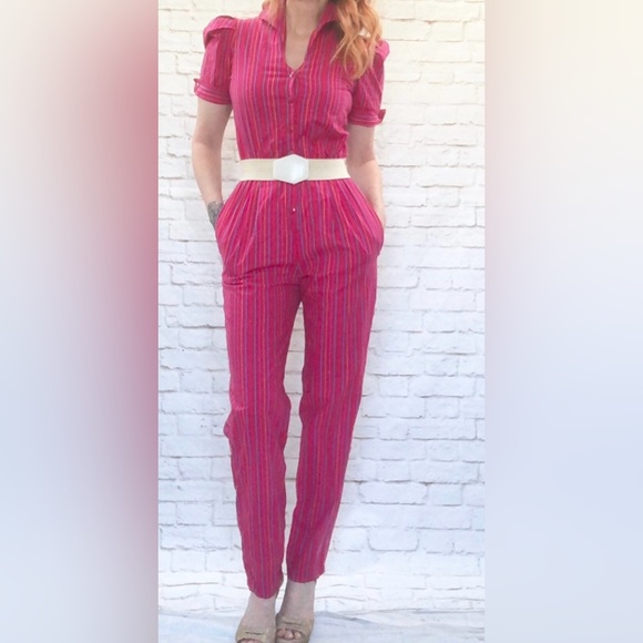 vintage hot pink striped puff sleeves jumpsuit sz small